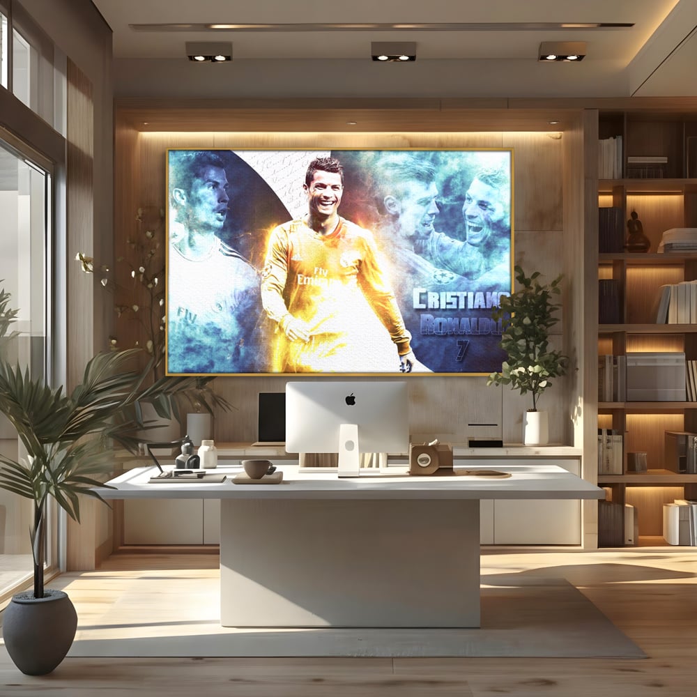 Tablou canvas cu tablou canvas cu cristiano ronaldo, in rama de aluminiu auriu, pe perete intr-un birou